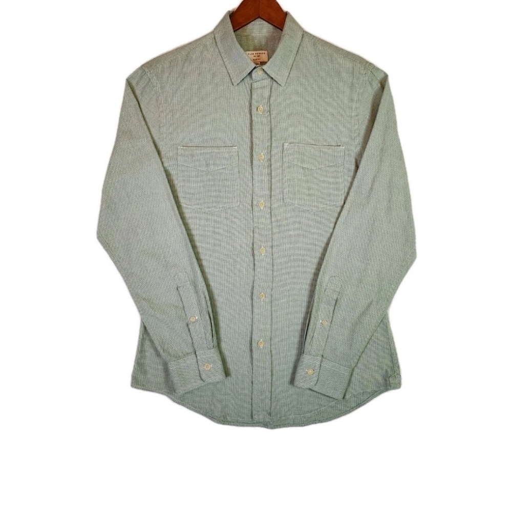 Club Monaco Houndstooth Shirt Small Slim Fit Green Cotton Double Pockets Fall